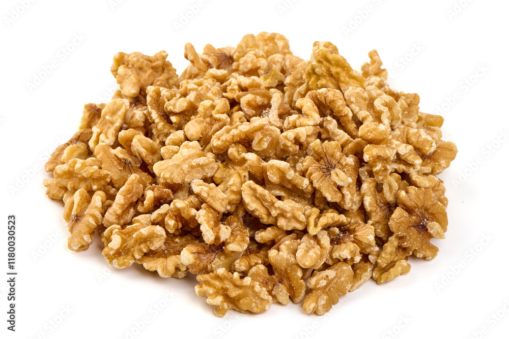 Shelled walnuts isolated on white background. Shelled walnuts isolated on white background.