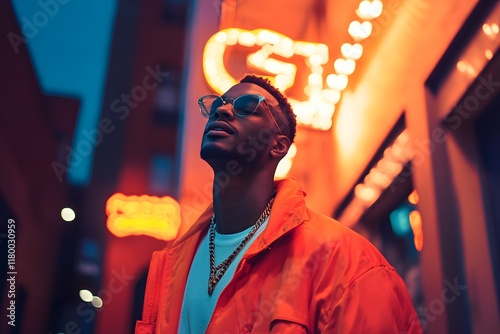 Stylish man in orange jacket poses under neon lights in urban setting at night photo