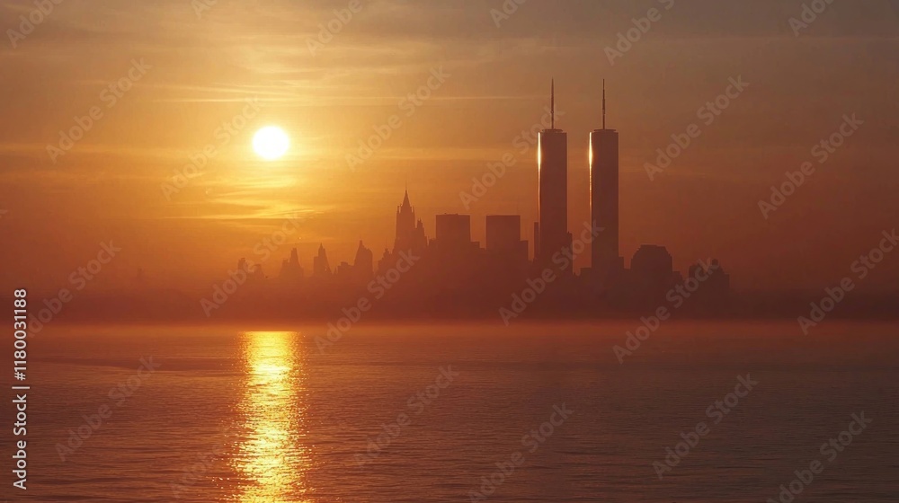 Sunset view of a city skyline with twin towers reflected in water. Sunset view of a city skyline with twin towers reflected in water.