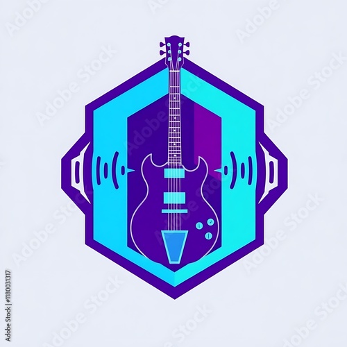 Electric Guitar Icon: A vibrant and modern icon featuring an electric guitar within a hexagon, flanked by soundwave speakers. perfect for music, entertainment, audio, rock, pop, concert, festival. photo