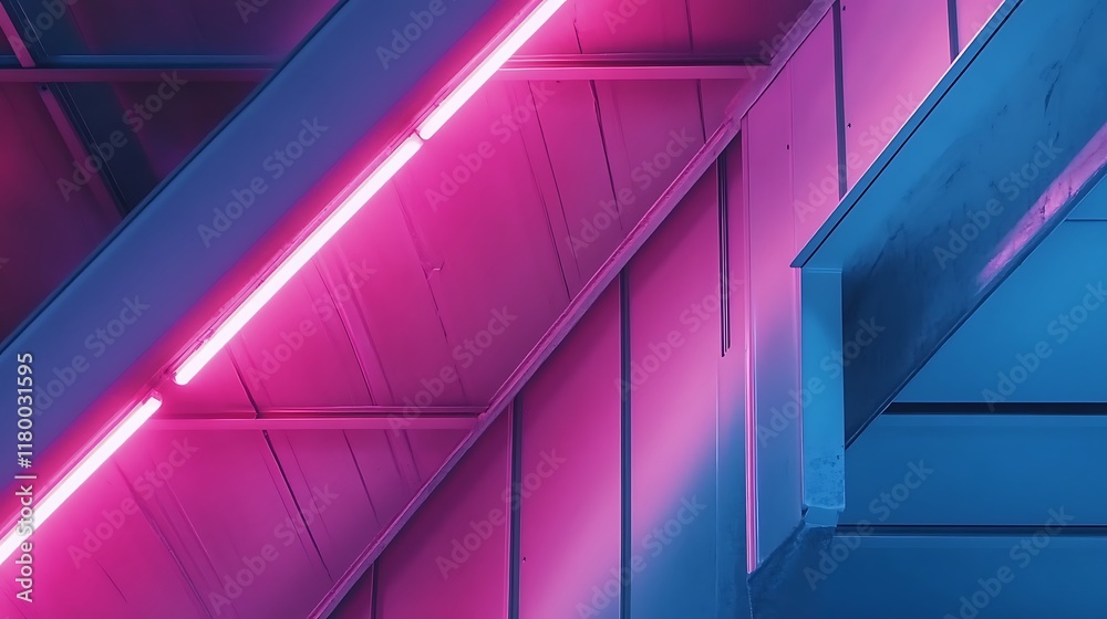 Fototapeta premium Abstract Neon Lights Illuminate Geometric Stairwell Design