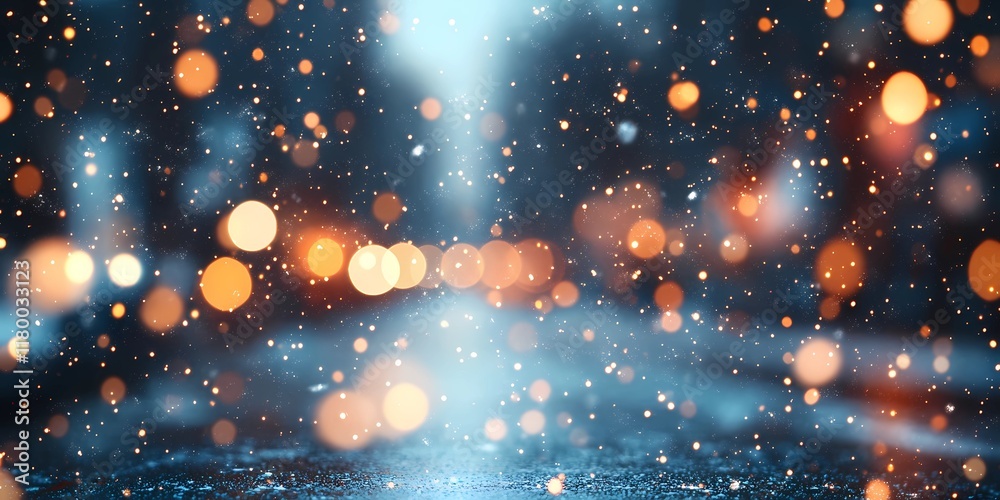 Naklejka premium Blurred glowing lights on snowy city streets, creating a cozy wintery urban backdrop with warm and tranquil ambiance, style book illustration