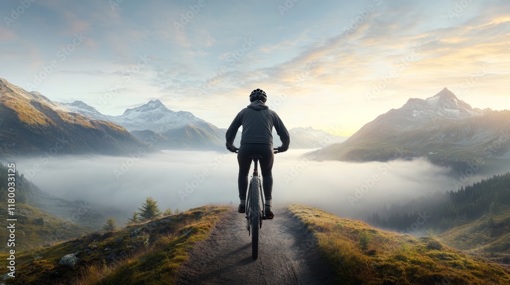 Breathtaking Mountain Landscape Featuring a Cyclist on a Scenic Trail Overlooking a Misty Valley at Sunrise with Majestic Peaks in the Background Breathtaking Mountain Landscape Featuring a Cyclist on a Scenic Trail Overlooking a Misty Valley at Sunrise with Majestic Peaks in the Background