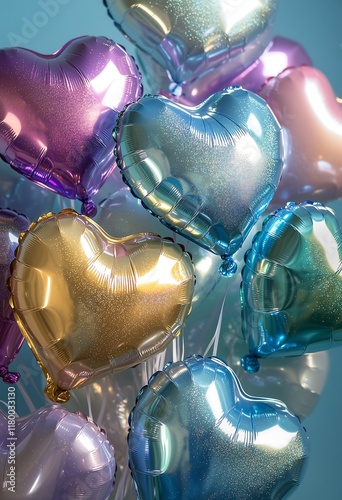 A holographic iridescent foil heart shaped balloons. Love and Valentine's Day concept. Valentine Day background.