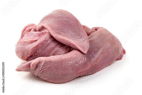 Raw pork tongue with rosemary, close-up, isolated on white background. photo