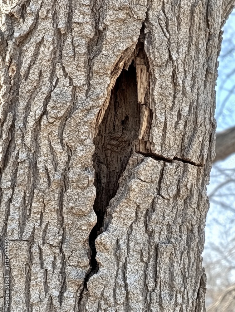 Fototapeta premium Close-up view of a damaged tree trunk, showing a large crack and cavity in the bark, textured surface with vertical lines
