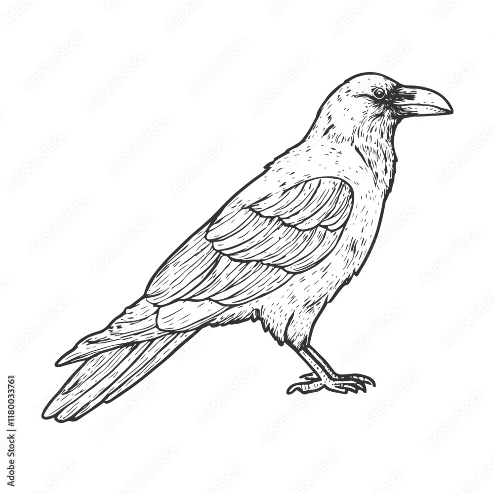 Fototapeta premium Raven Hand-Drawn Vector, Graphic Style, Cartoon Illustration, Black and White, Sketch Style, Isolated on White Background