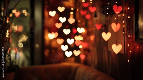 A blurry out of focus pink and gold heart-shaped bokeh lights. Romantic and Valentine's Day concept.