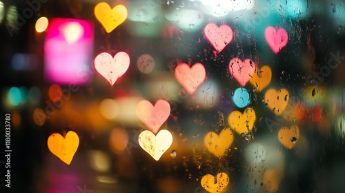 A blurry out of focus pink and gold heart-shaped bokeh lights. Romantic and Valentine's Day concept.