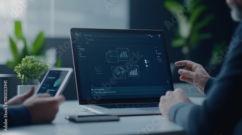 Professional team discussing data analysis insights using modern technology with laptop and tablet, showcasing digital graphs and contemporary workspace design for business solutions.