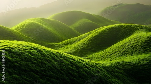 Sunlit rolling green hills covered in dense moss