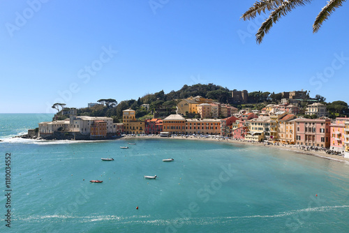 Elevated view of the Bay of Silence, considered one of the most beautiful beaches in Italy, Sestri Levante (Genoa), Liguria, Italy photo