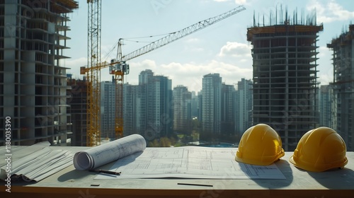 A constraction site with cranes and buildings. Blueprints and construction helmet in the foreground.