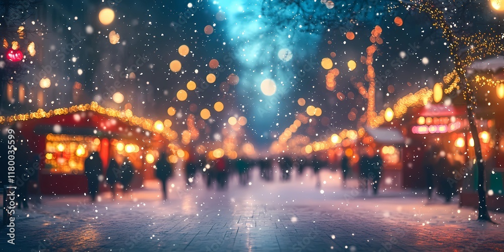 Blurred glowing lights on snowy city streets, creating a cozy wintery urban backdrop with warm and tranquil ambiance, style book illustration Blurred glowing lights on snowy city streets, creating a cozy wintery urban backdrop with warm and tranquil ambiance, style book illustration