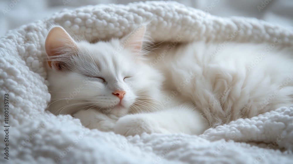Obraz premium A cute white cat sleeping under the white soft sheet.