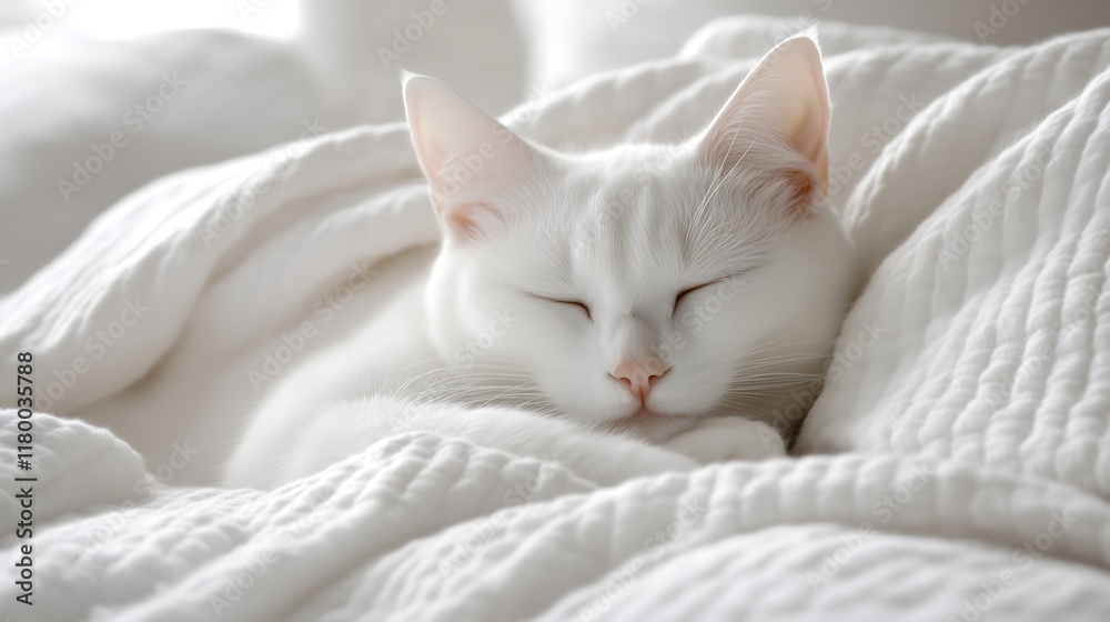 A cute white cat sleeping under the white soft sheet. A cute white cat sleeping under the white soft sheet.