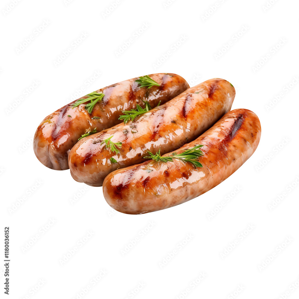 Plate of Bratwurst Sausages with Herbs on transparent background Plate of Bratwurst Sausages with Herbs on transparent background