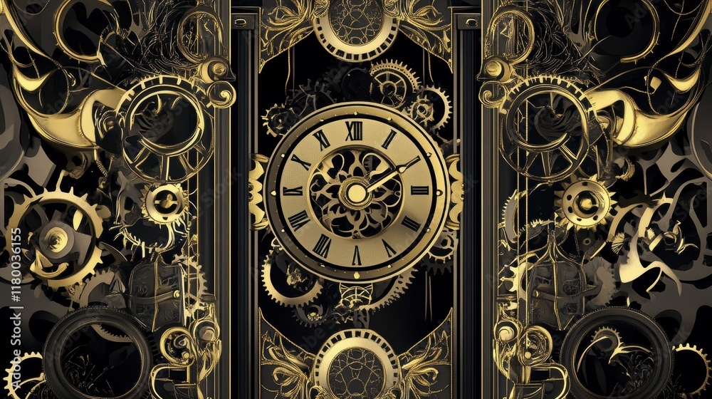 Naklejka premium Golden Clockwork Architecture, Intricate Timepiece Design
