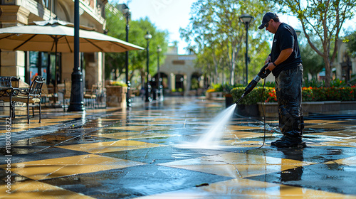 A worker is power washing the colorful pavement in a lively shopping plaza, showcasing a clean and refreshed outdoor area