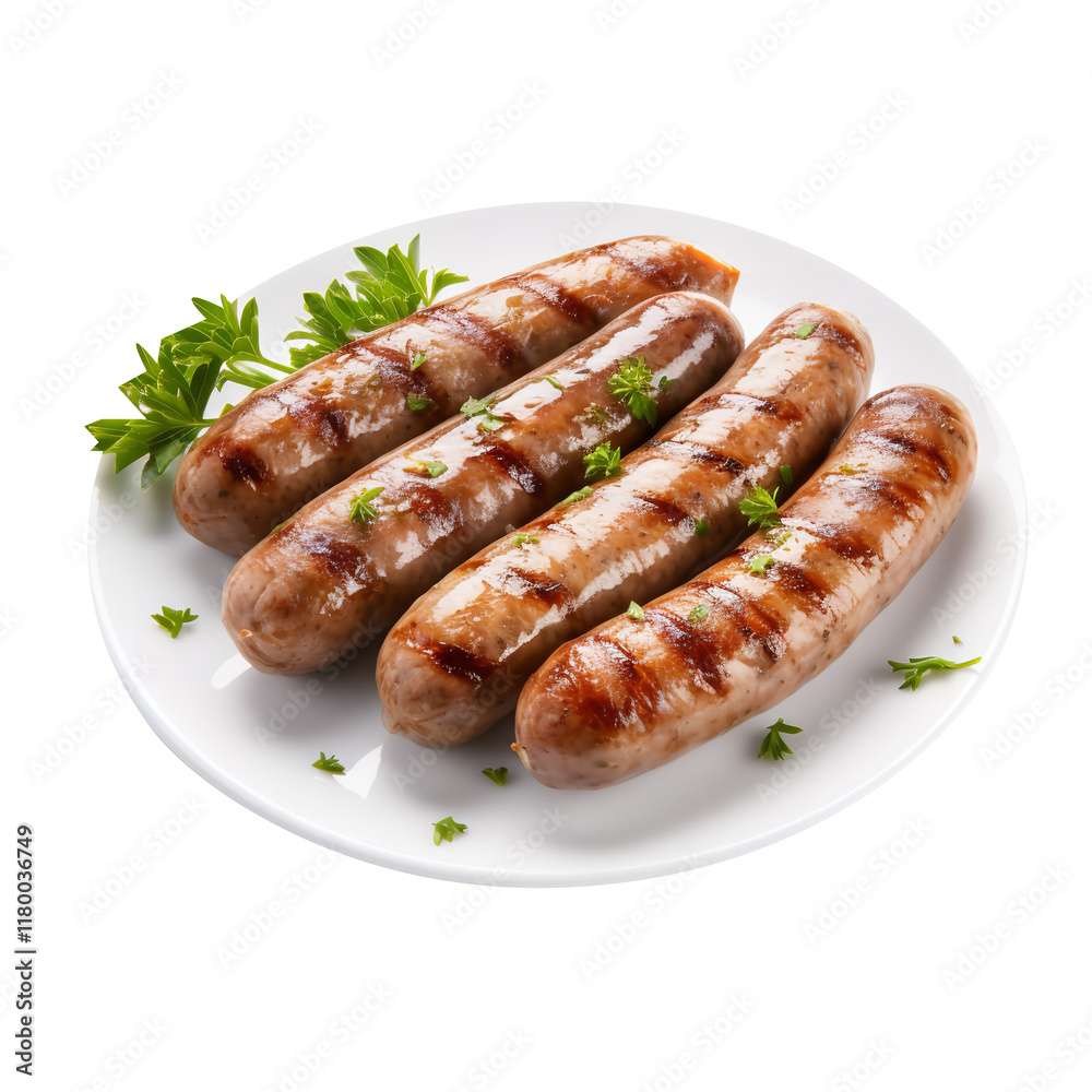 Bratwurst Sausages on Plate with Parsley on transparent background Bratwurst Sausages on Plate with Parsley on transparent background
