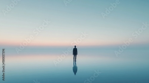 Man stands alone on a beach at sunset. The sky is a mix of blue and orange, creating a serene and peaceful atmosphere. The man is lost in thought, as he gazes out at the vast ocean photo