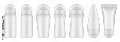 White roller ball bottles with transparent caps. Body antiperspirant deodorant roll-on. Realistic vector mockup. Roller Applicator	