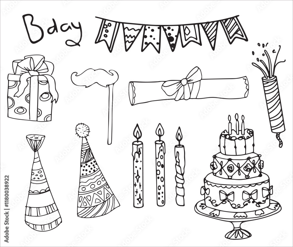 Vector doodles hand drawn birthday party staff, festive elements, funny flags, birthday decorations, simple doodles, gifts