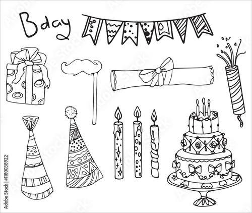 Vector doodles hand drawn birthday party staff, festive elements, funny flags, birthday decorations, simple doodles, gifts