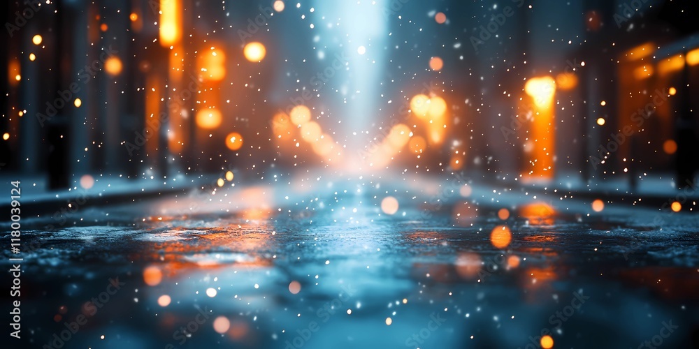 Fototapeta premium Softly blurred lights in a snowy cityscape creating a serene winter scene with glowing festive tones, style book illustration