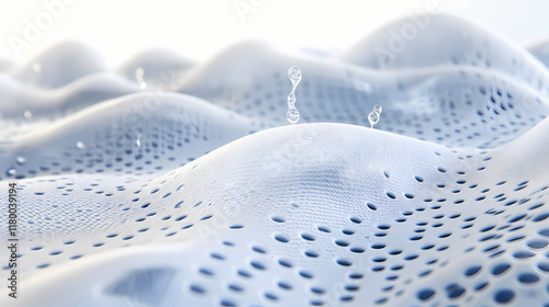 In a modern 3d illustration, water drops are depicted on a perforated spunbond synthetic fiber nonwoven fabric, showing its ability to be waterproof while also cooling. Sunwoven. Illustration