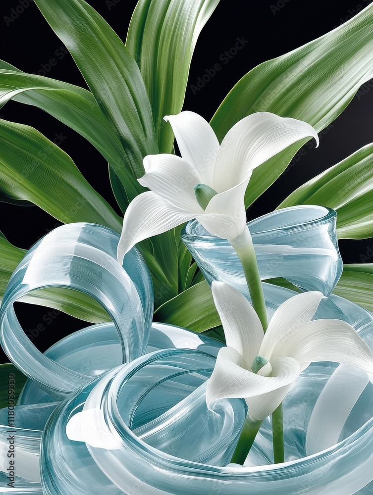 Two elegant white flowers in a modern teal glass vase, set against a backdrop of lush green leaves. Two elegant white flowers in a modern teal glass vase, set against a backdrop of lush green leaves.