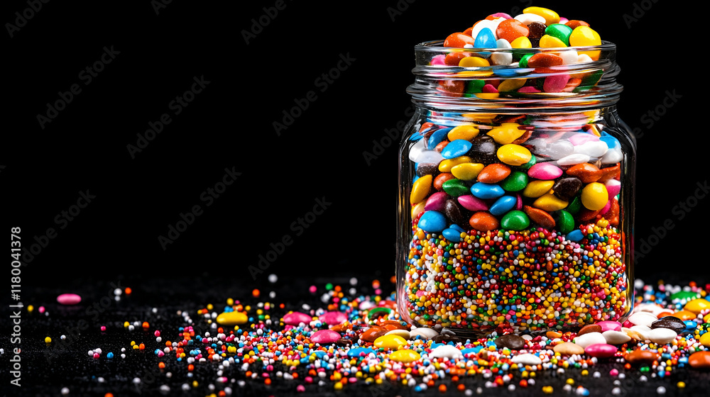 Obraz premium A glass jar filled with colorful candy and sprinkles, set against a dark background, creating a vibrant and festive appearance.