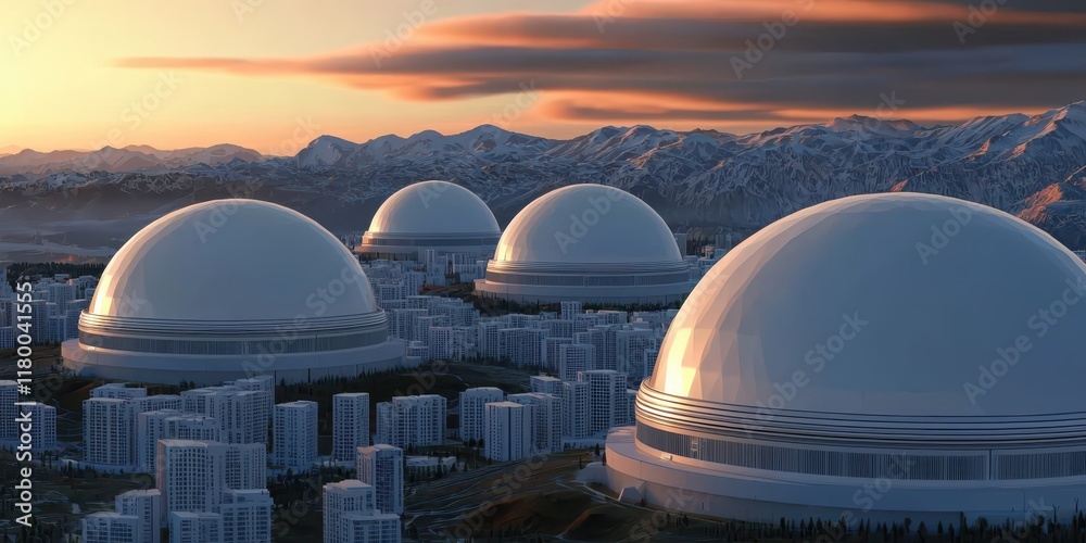 Obraz premium A futuristic landscape featuring large dome structures against a mountain backdrop at sunset.