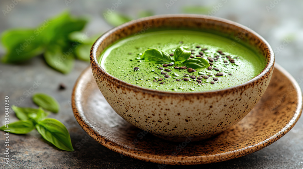 A vibrant basil-infused creamy soup served in an earthy ceramic bowl topped with freshly cracked black pepper and garnished with basil leaves creating a perfect harmony of taste and visual satisfactio