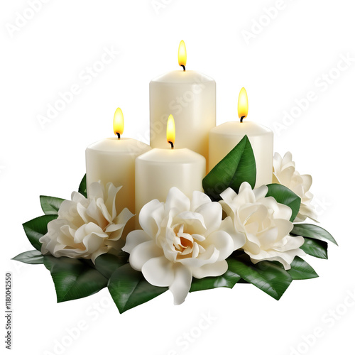 Elegant Candle Centerpiece with White Flowers on transparent background
