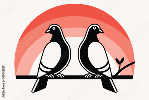 Elegant Pigeon Couple on Branch Vector Illustration in Black and White photo