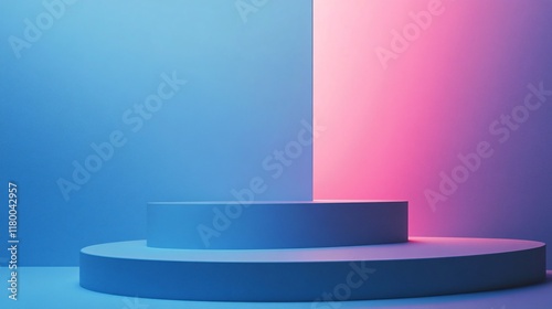 Blue and pink stage with a blue wall behind it. The stage is a podium with a blue base and a pink top