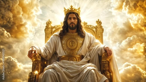 Majestic depiction of Jesus Christ as a king, dressed in white and gold, sitting on heavenly throne in radiant light.