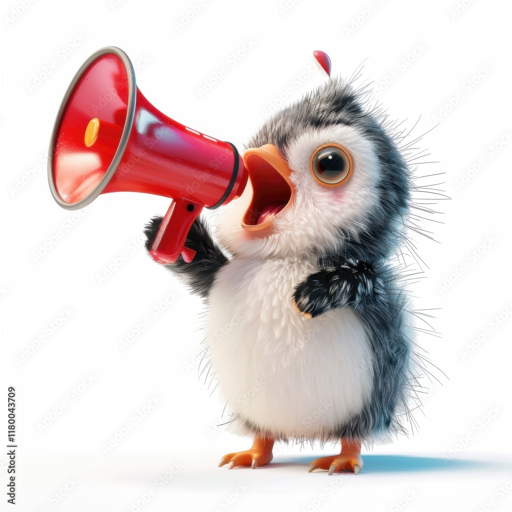 Fototapeta premium A happy penguin, is singing into a megaphone, its voice full of joy and enthusiasm.