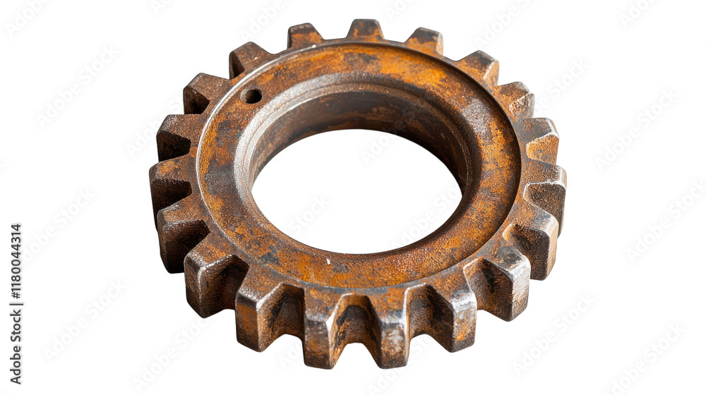 Rusty gear wheel resting on a clean surface showcases detailed industrial design and craftsmanship Rusty gear wheel resting on a clean surface showcases detailed industrial design and craftsmanship