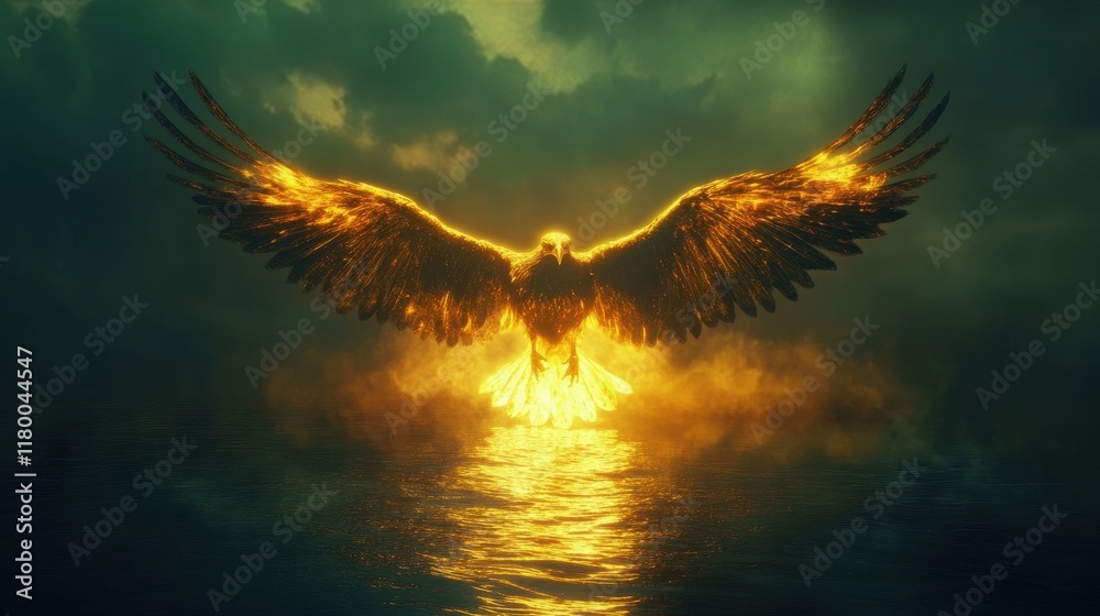 Obraz premium Fiery Golden Eagle Soaring Above the Water