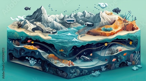 Artistic cutaway illustration of ocean layers, internet cables weaving through underwater mountain ranges, marine life, isometric technical drawing style photo