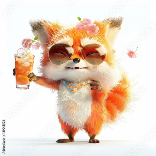 A 3D illustration of a jubilant Fox with a cocktail glass, highlighting the dog’s contentment and the vivid colors of the drink. Fox with cocktail