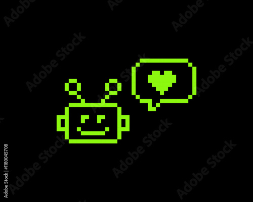 Bot support service with love. Robot head pixel art icon. Speech bubble, heart. Chatbot emoji. Vintage retro sticker. Editable pixel vector illustration. Game abstract element. Y2k geometric shape