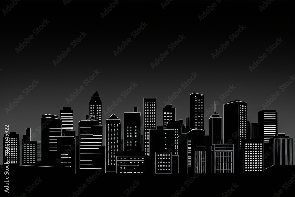 Obraz premium a black and white city skyline with skyscrapers and a plane