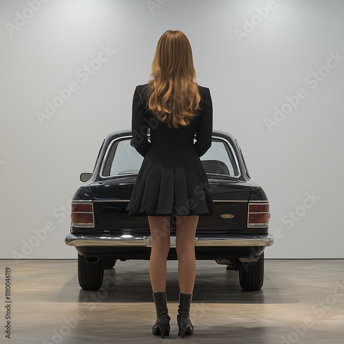 A sophisticated scene featuring a woman in a black dress standing with her back to the camera, gazing at a vintage black car in a minimalistic showroom