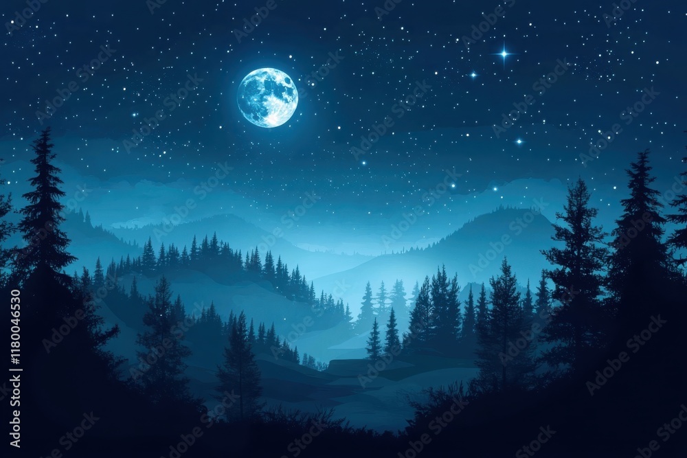Naklejka premium Serene night in the mountains, bathed in moonlight and starlight.