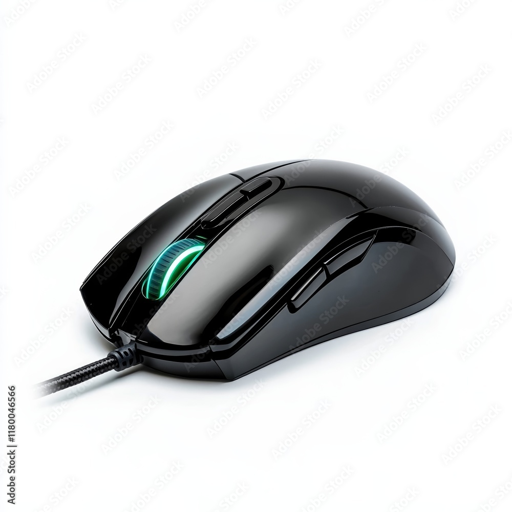 Wired gaming mouse with ergonomic grip and adjustable DPI button isolated on a white background Wired gaming mouse with ergonomic grip and adjustable DPI button isolated on a white background