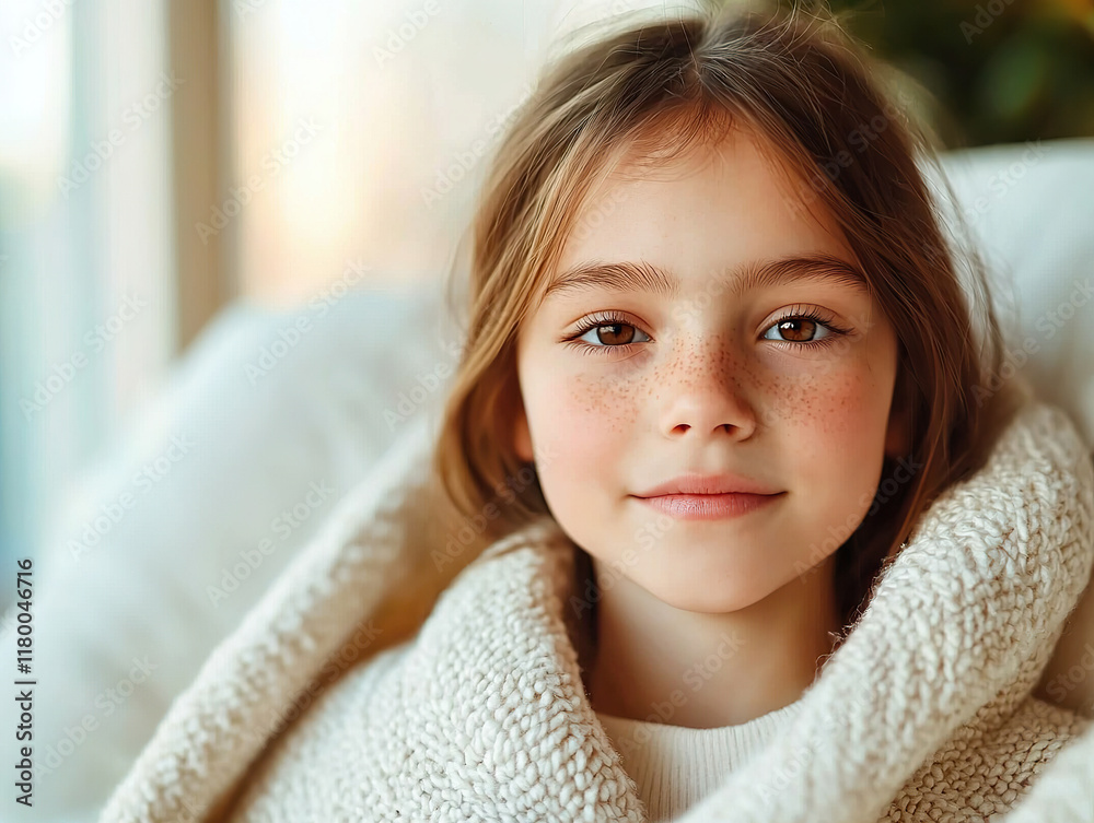 Young girl enjoys warm sunlight while cozy in blanket at home during peaceful morning Young girl enjoys warm sunlight while cozy in blanket at home during peaceful morning