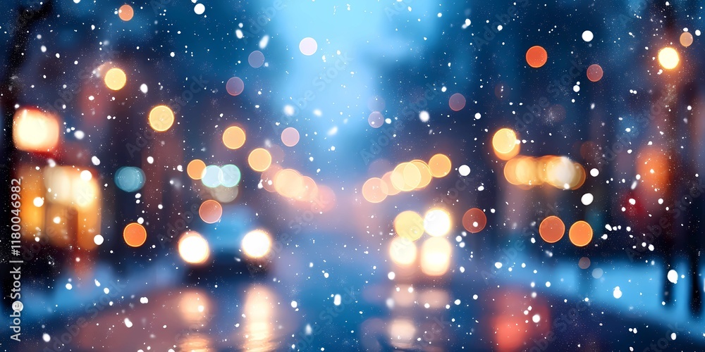 Naklejka premium Blurred winter city background with glowing festive lights and snowy streets, evoking a tranquil and magical urban atmosphere, style book illustration